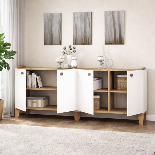 Modern Sideboard Cabinet ( Buffet ) – 160cm – White & Beige – Melamine Finish