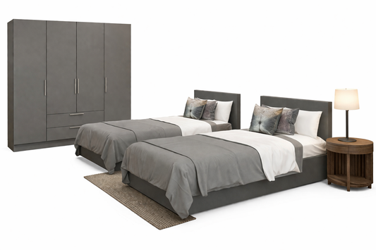 Teen Modern Bedroom Set – 2 Beds & Wardrobe-Grey - 3 Pieces
