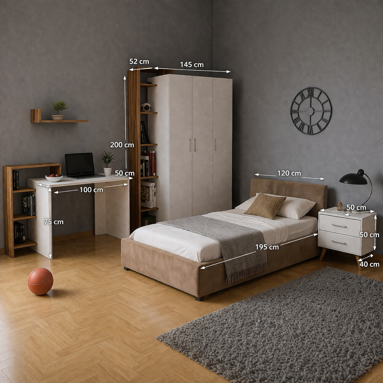 Teen Modern Bedroom Set with Desk & Wardrobe – White & Brown MDF | Velvet Upholstered Bed 4 Pieces
