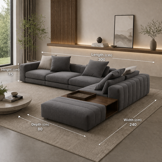 Modern L-Shaped Sofa Grey Linen 300×240 cm – Corner Sofa Egypt | Comfortable Couch