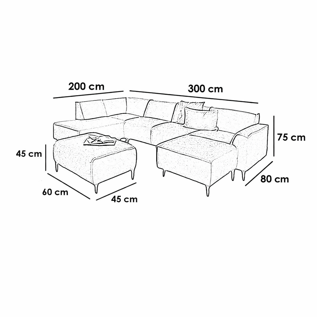 Modern U-Shaped Sofa Linen 300×200 cm – Red Beech Wood Comfortable Couch Egypt