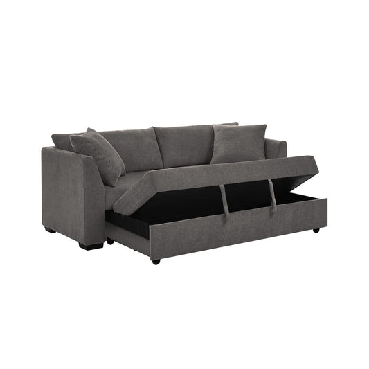Grey Linen Sofa Bed 3 Seater – Natural Wood Frame | Modern Convertible Couch