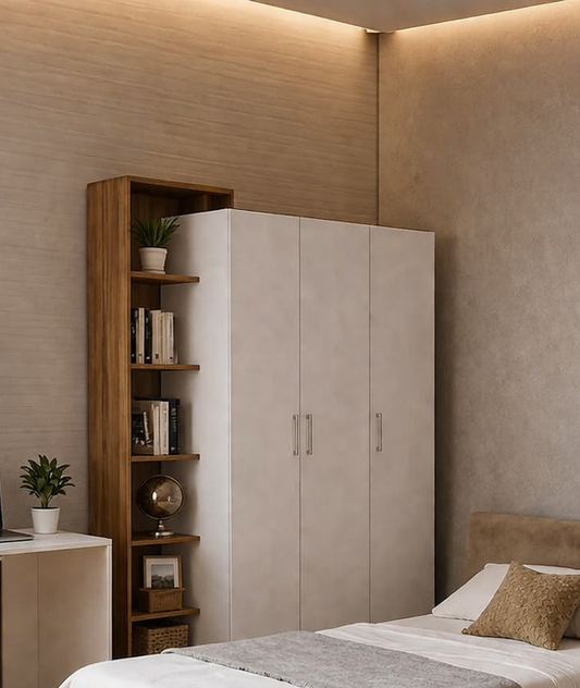 Teen Modern Bedroom Set with Desk & Wardrobe – White & Brown MDF | Velvet Upholstered Bed 4 Pieces