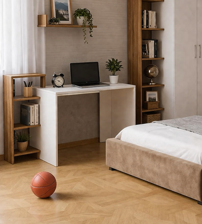 Teen Modern Bedroom Set with Desk & Wardrobe – White & Brown MDF | Velvet Upholstered Bed 4 Pieces