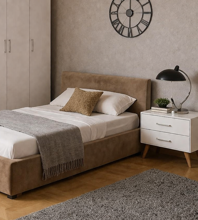 Teen Modern Bedroom Set with Desk & Wardrobe – White & Brown MDF | Velvet Upholstered Bed 4 Pieces