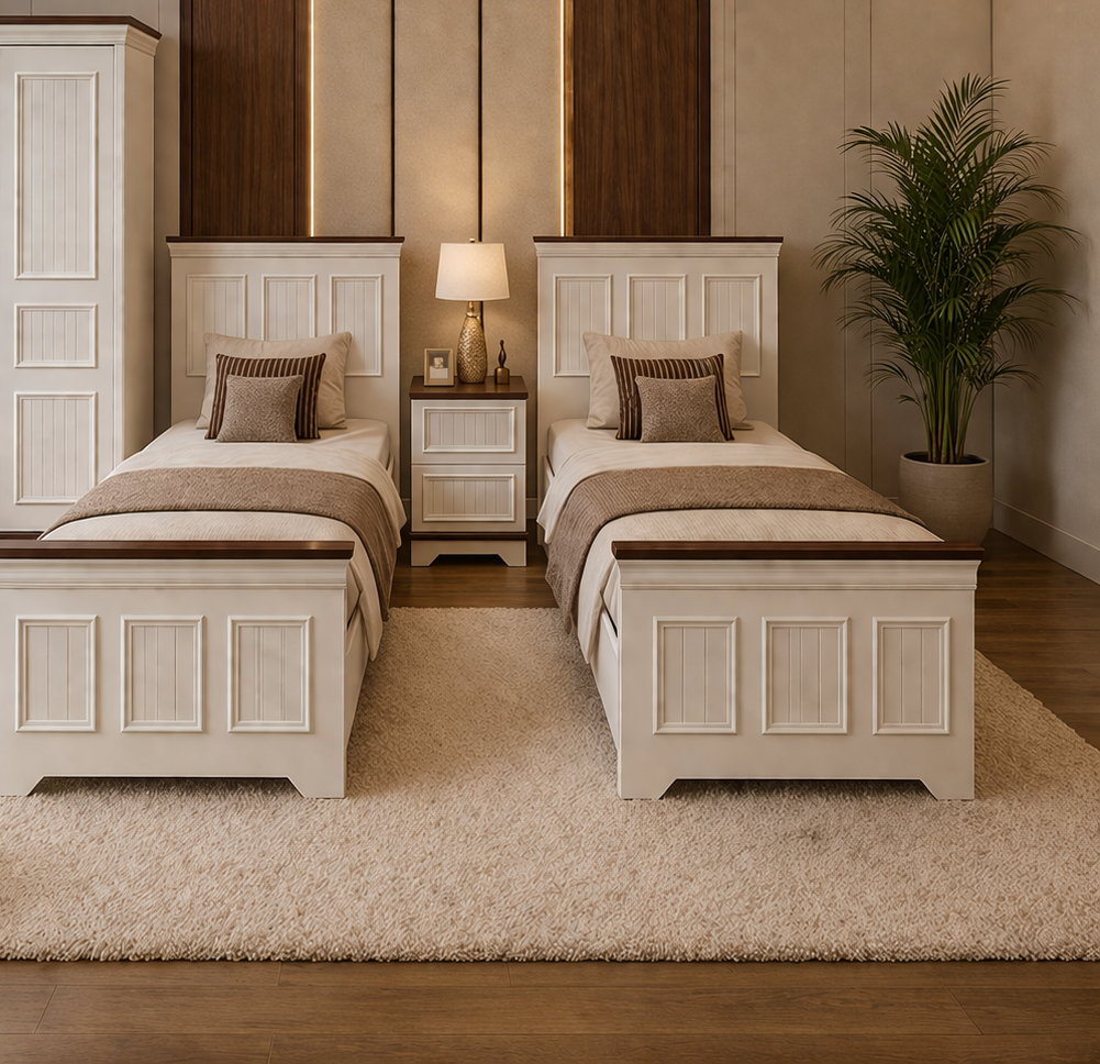 Teen Modern Counter Wood Bedroom Set – 2 Beds & Wardrobe - 5 Pieces