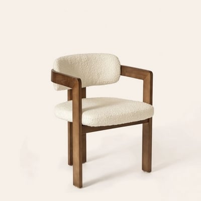 Beech wood and boucle fabric dining chair - brown and off-white