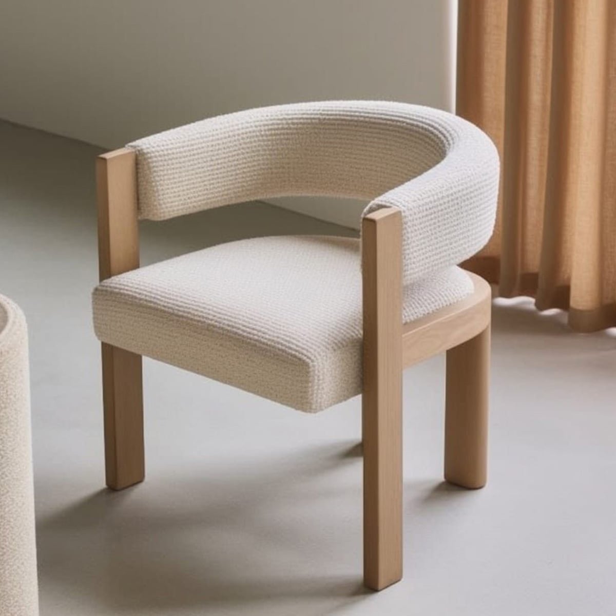 Beech wood and boucle fabric dining chair - beige and off-white
