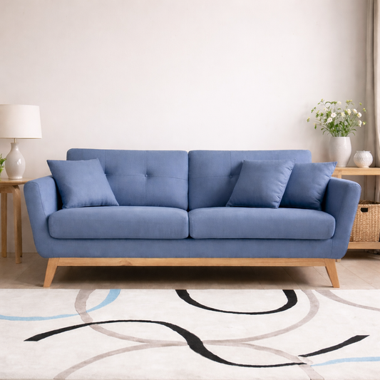 2 Seater Sofa Blue Linen 190 cm – Natural Wood Modern Couch Egypt