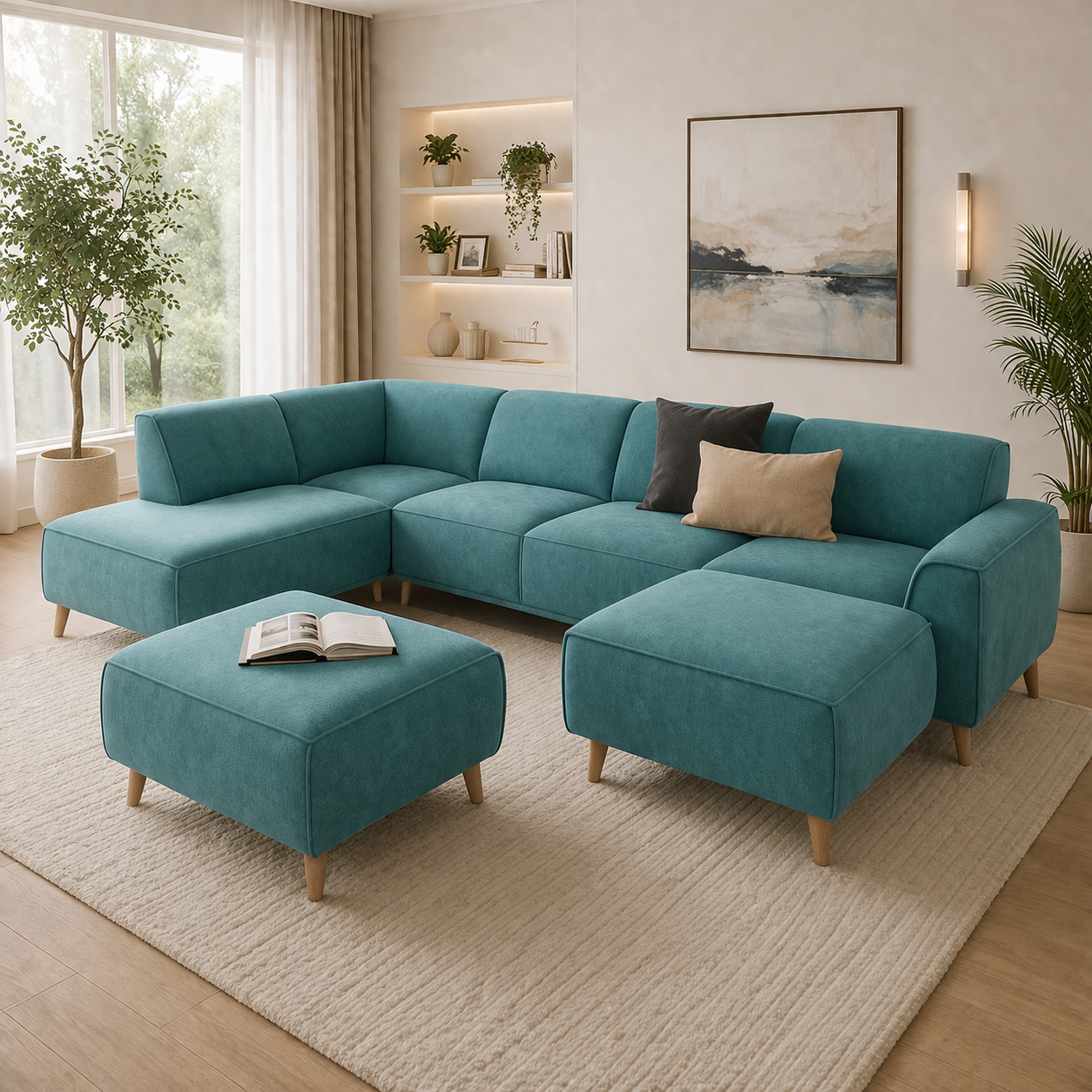 Modern U-Shaped Sofa Linen 300×200 cm – Red Beech Wood Comfortable Couch Egypt