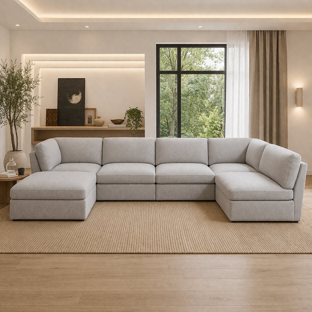 Modern U-Shaped Sofa 310×160 cm with Pouffe –Velvet | Large Comfortable Couch Egypt