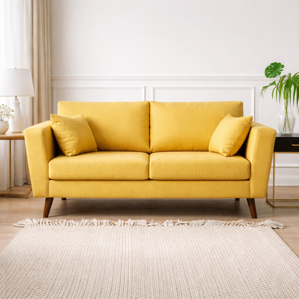 2 Seater Sofa Yellow Linen 160 cm – Red Beech Wood Modern Couch Egypt