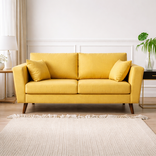 2 Seater Sofa Yellow Linen 160 cm – Red Beech Wood Modern Couch Egypt