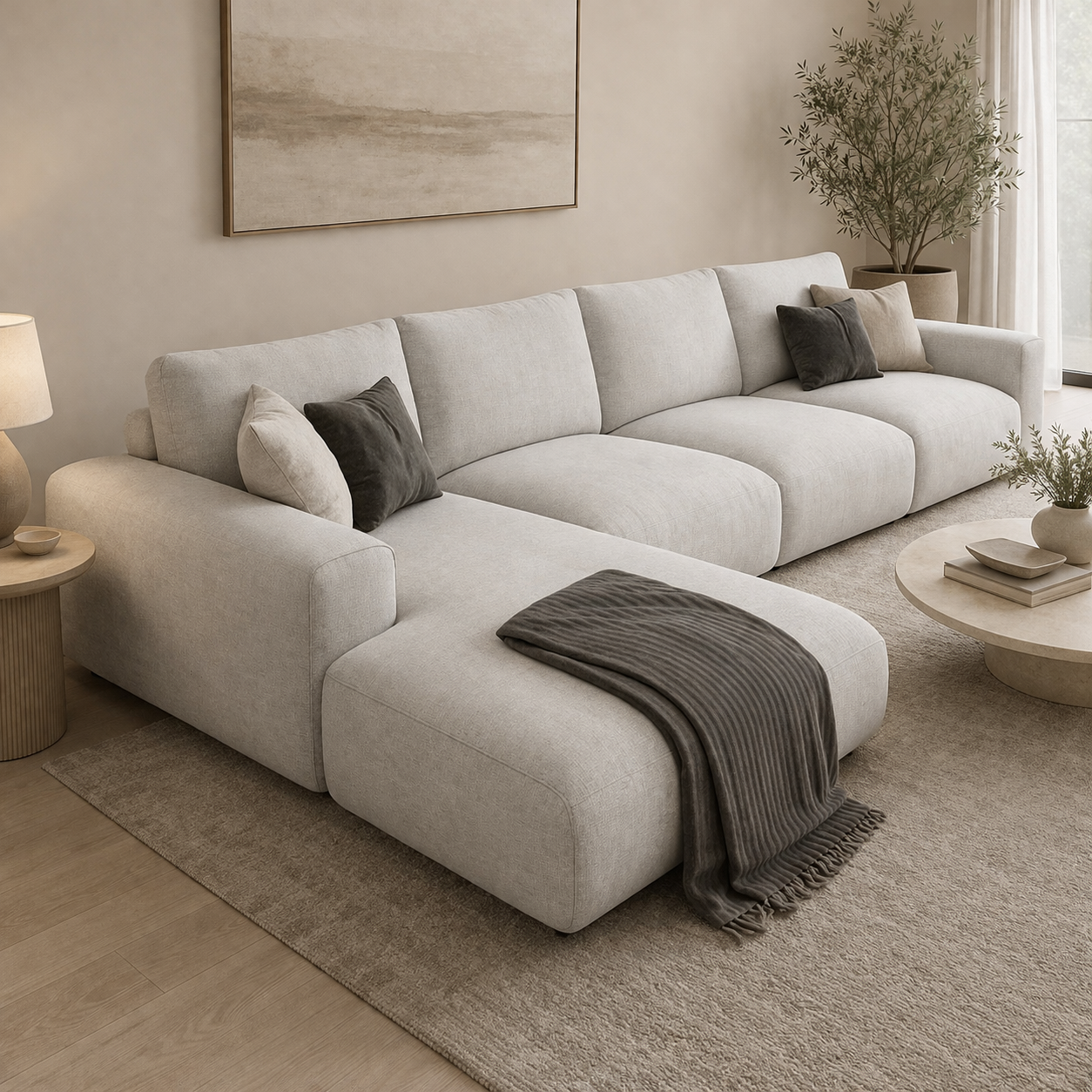 Modern L-Shaped Sofa OFF White Linen 360×210 cm – Corner Sofa Egypt | Soft Comfortable Couch
