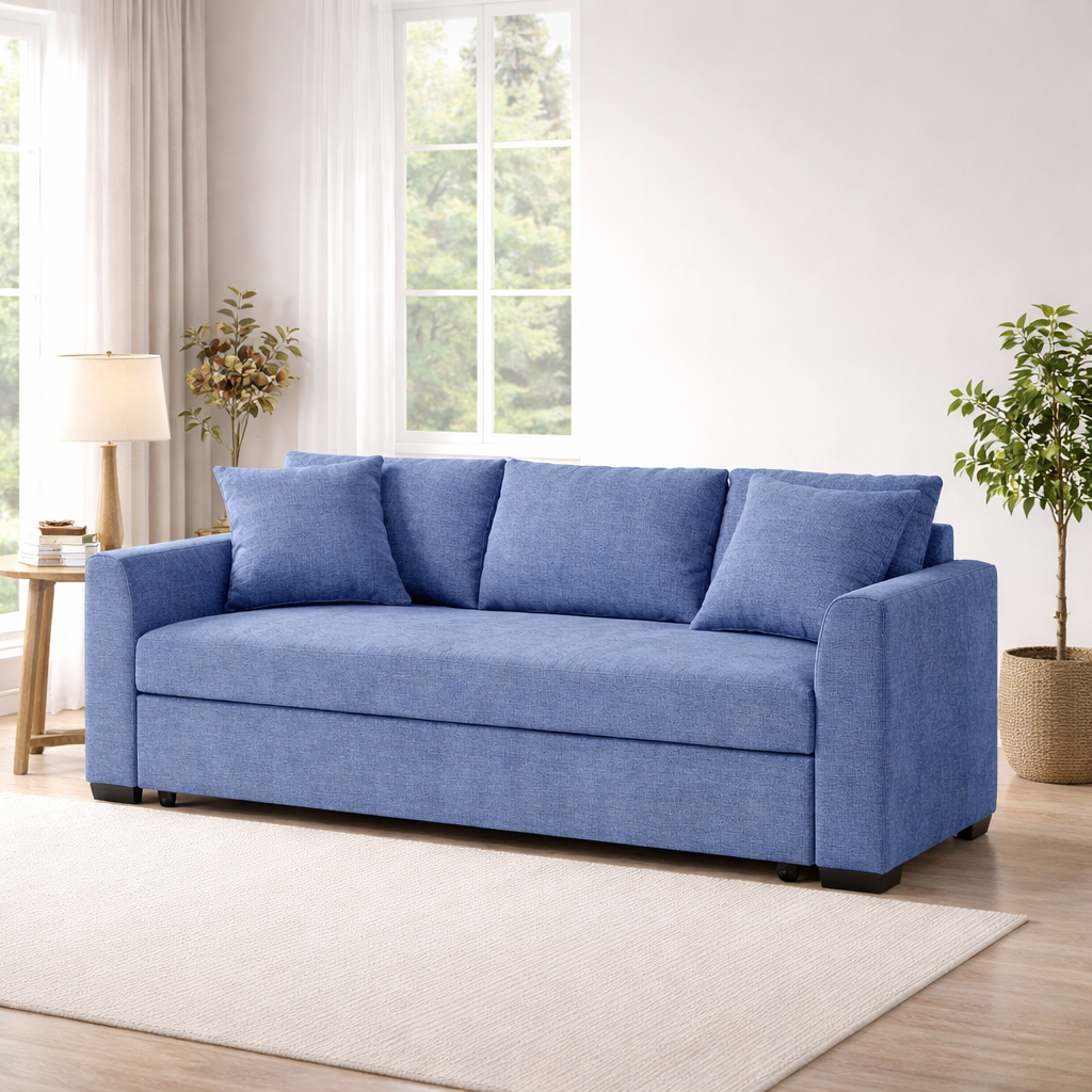 Blue Linen Sofa Bed 3 Seater – Natural Wood Frame | Modern Convertible Couch (Copy)