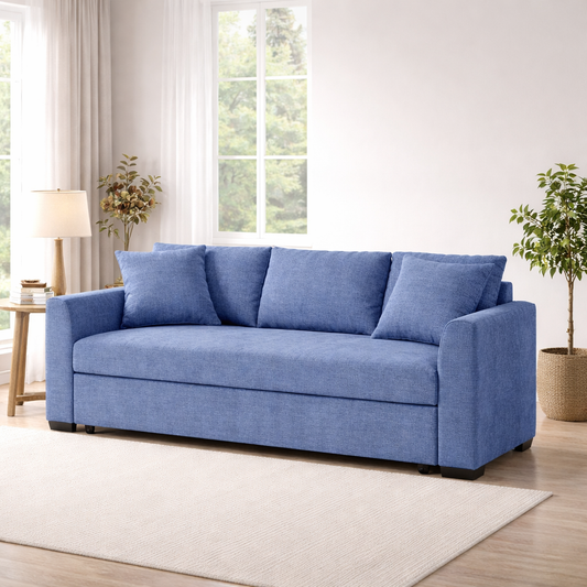 Blue Linen Sofa Bed 3 Seater – Natural Wood Frame | Modern Convertible Couch (Copy)