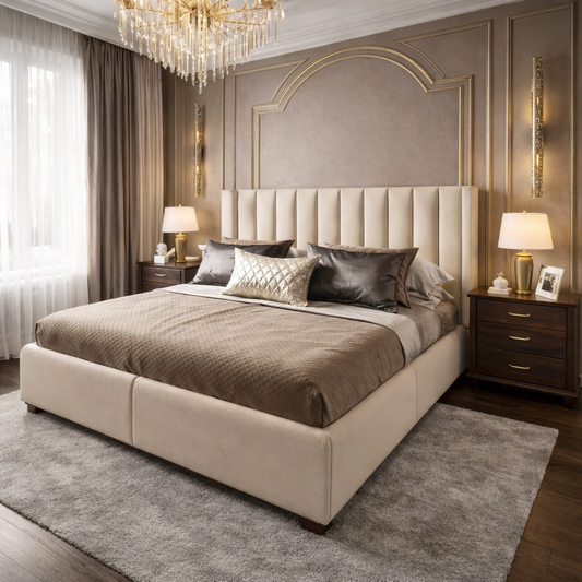 Beige Velvet Bed 160x200 cm | Modern Beech Wood Bed Frame Egypt