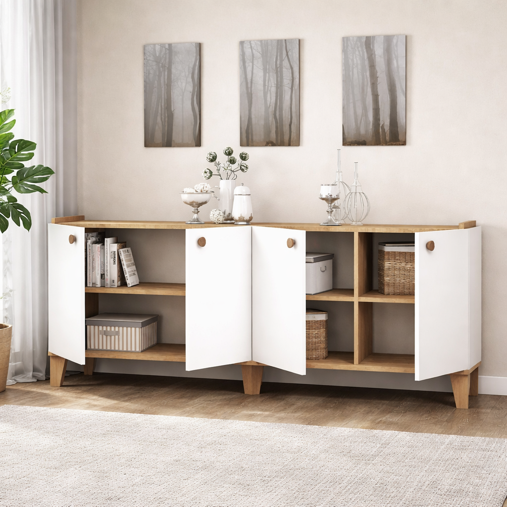 Modern Sideboard Cabinet ( Buffet ) – 160cm – White & Beige – Melamine Finish