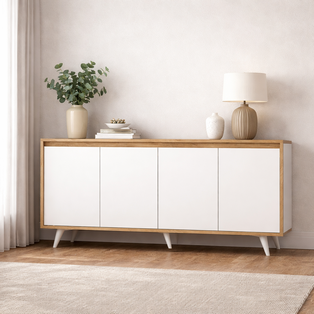 Modern Sideboard Cabinet – 160cm – White & Beige – MDF Wood