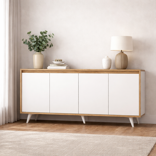 Modern Sideboard Cabinet – 160cm – White & Beige – MDF Wood