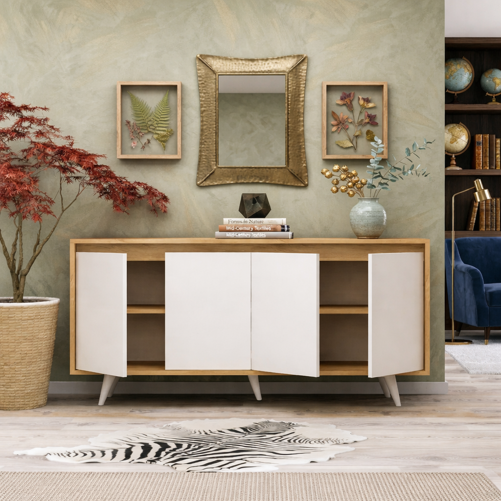 Modern Sideboard Cabinet – 160cm – White & Beige – MDF Wood