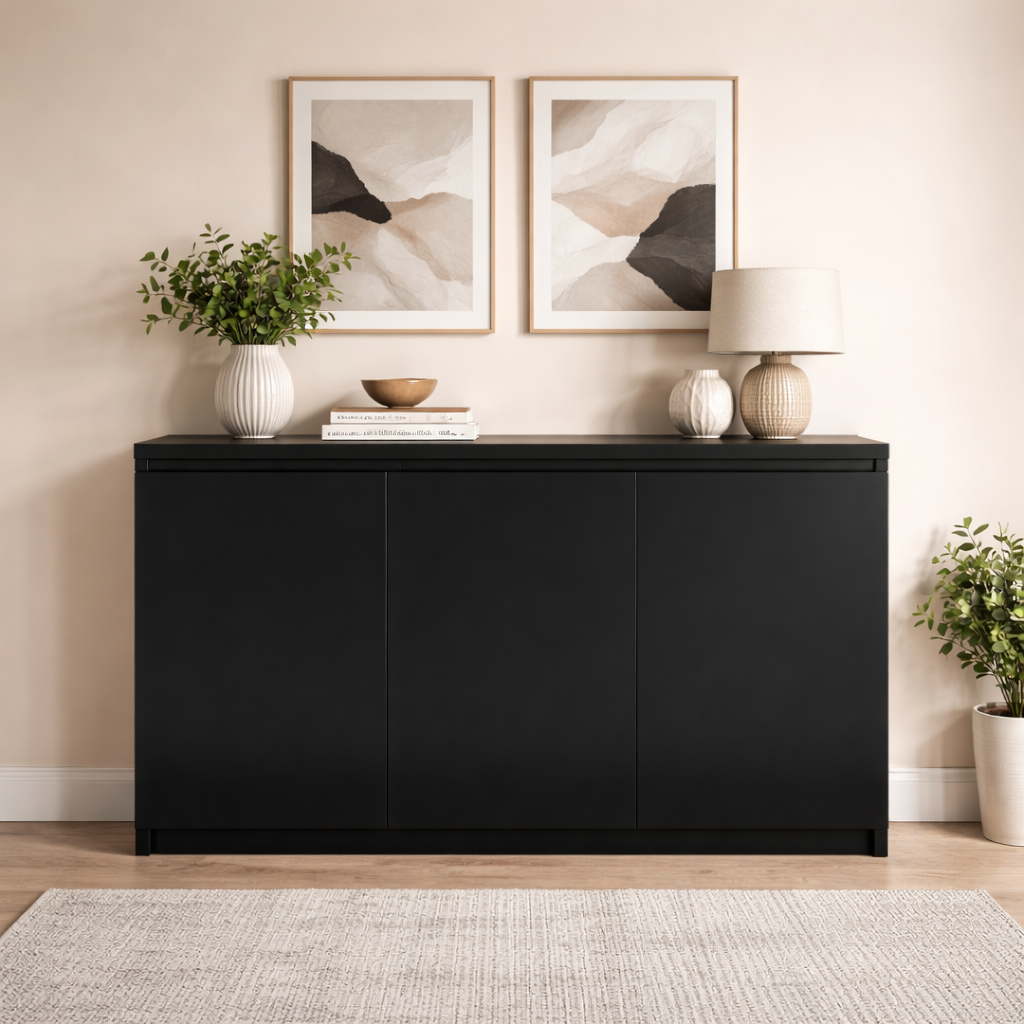 Modern Black Buffet Cabinet – MDF Wood – Sleek Storage Unit