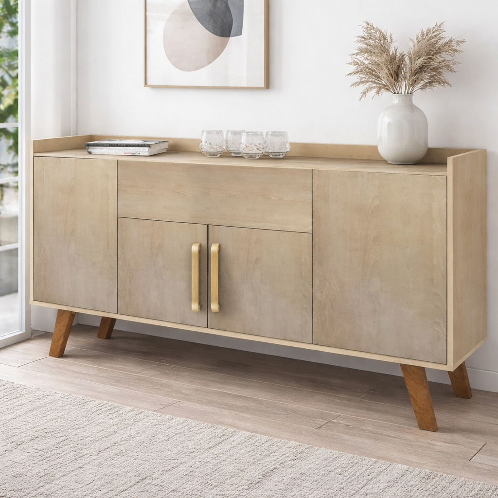 Modern Storage Buffet Cabinet – Beige & Brown MDF