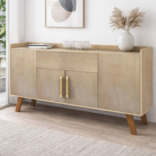 Modern Storage Buffet Cabinet – Beige & Brown MDF