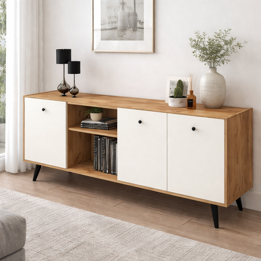 Modern Buffet Cabinet – Beige & White MDF