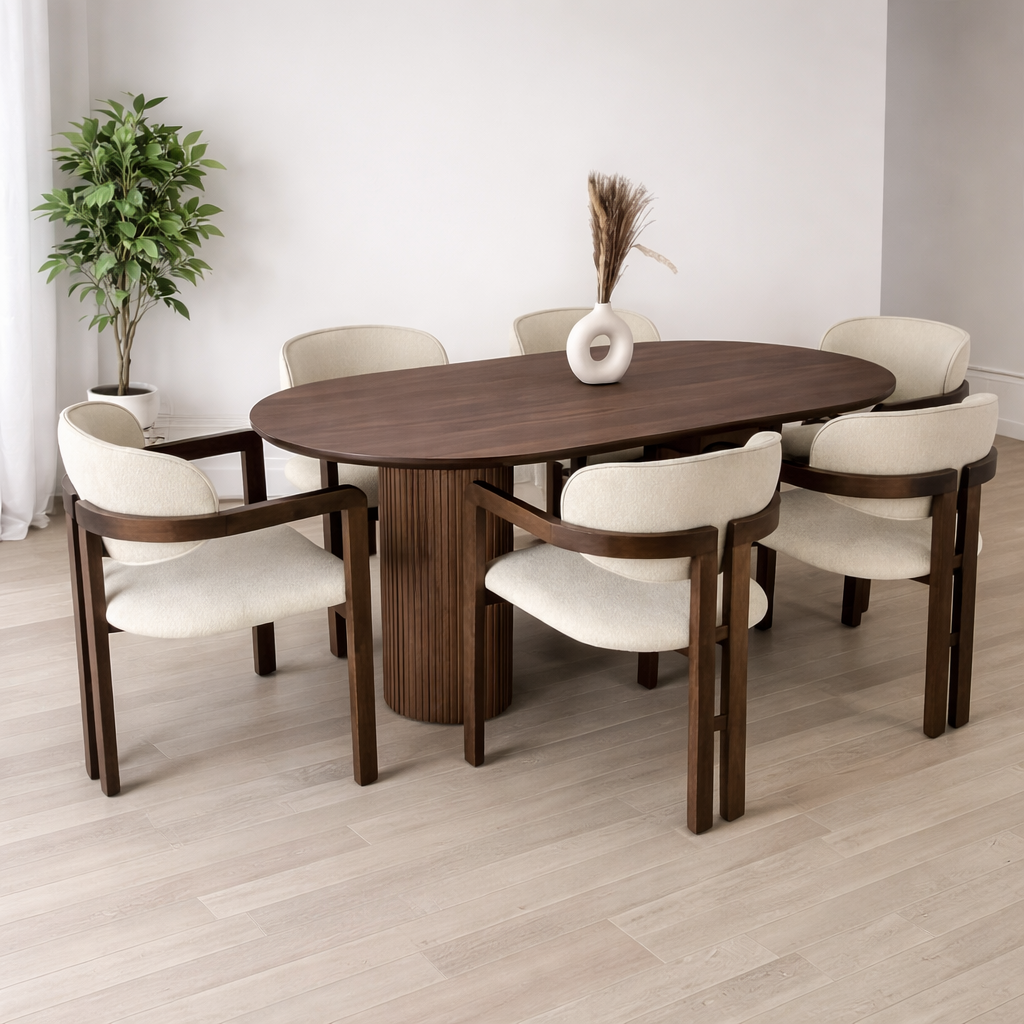 Beech wood and Panda fabric dining room set 7 pieces - brown and off-white