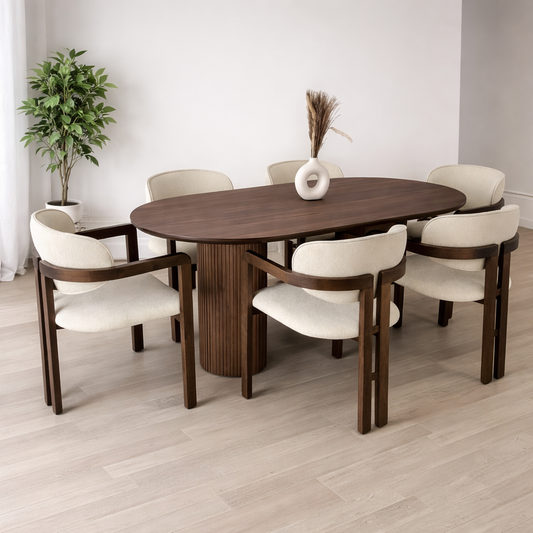 Beech wood and Panda fabric dining room set 7 pieces - brown and off-white
