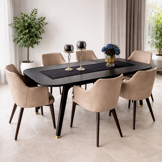 Beech Wood and Velvet Dining Room set 7 Pieces - Black and Beige