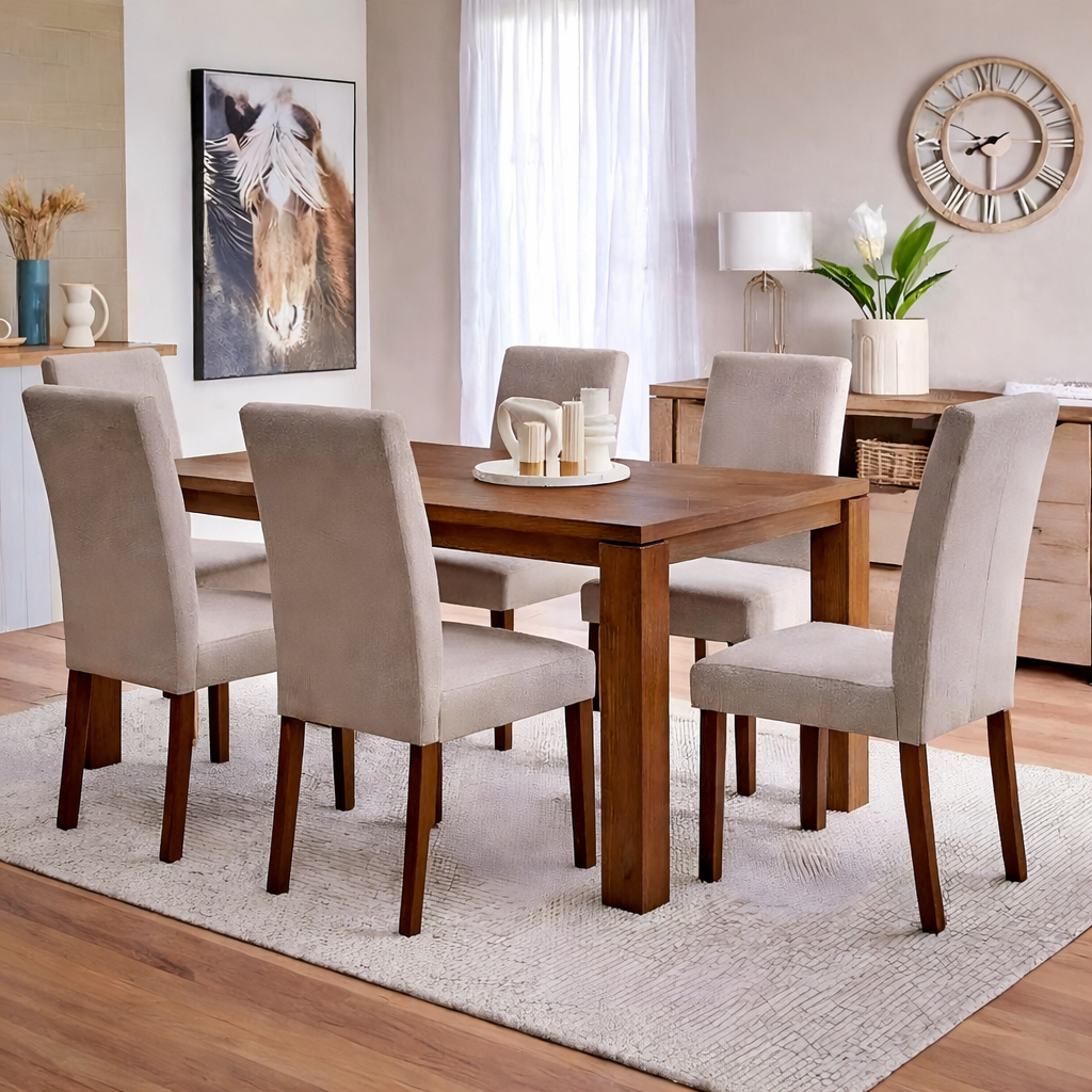 Red Beech Wood and MDF wood with Linen Fabric Dining Room Set Brown and Beige - 7 pieces