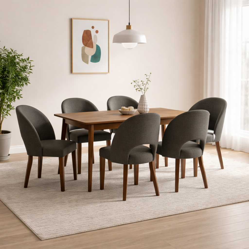 Beech Wood and Linen Dining Room Set 7 pieces - Brown and Grey