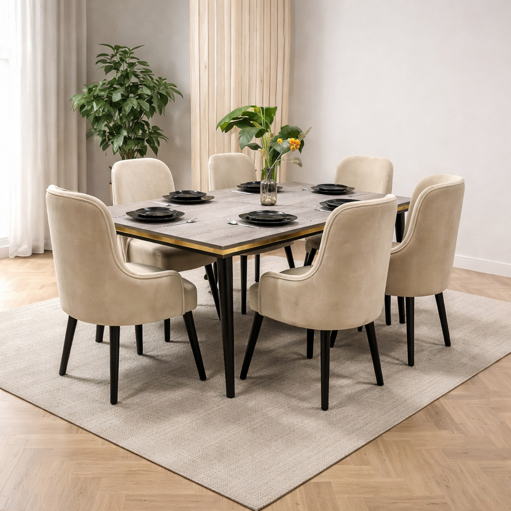 Beech and Counter Wood with Velvet Fabric Dining Room Set 7 pieces - Beige