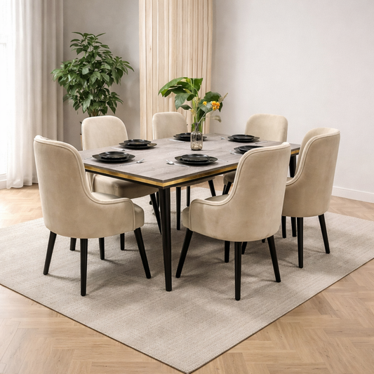 Beech and Counter Wood with Velvet Fabric Dining Room Set 7 pieces - Beige