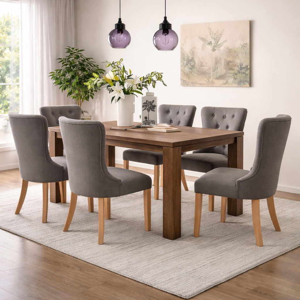 Red Beech Wood and MDF wood with Linen Fabric Dining Room Set Brown and Black - 7 pieces