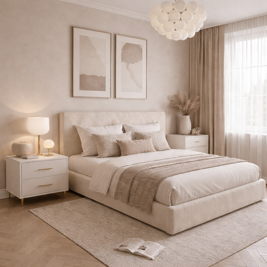 Off White Velvet King Bed 160x200 cm | Musky Wood Bed Frame Egypt
