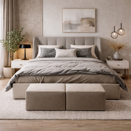 Grey Velvet Bed 160x200 cm | Modern Beech Wood Bed Frame Egypt