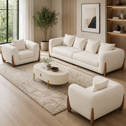 Luxury Off-White Linen Living Room Set – Sofa & 2 Chairs | Durable Red Beech Wood Frame
