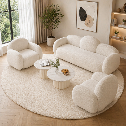 Modern Off-White Living Room Set – 3-Seater Sofa & 2 Chairs | Solid Red Beech Wood