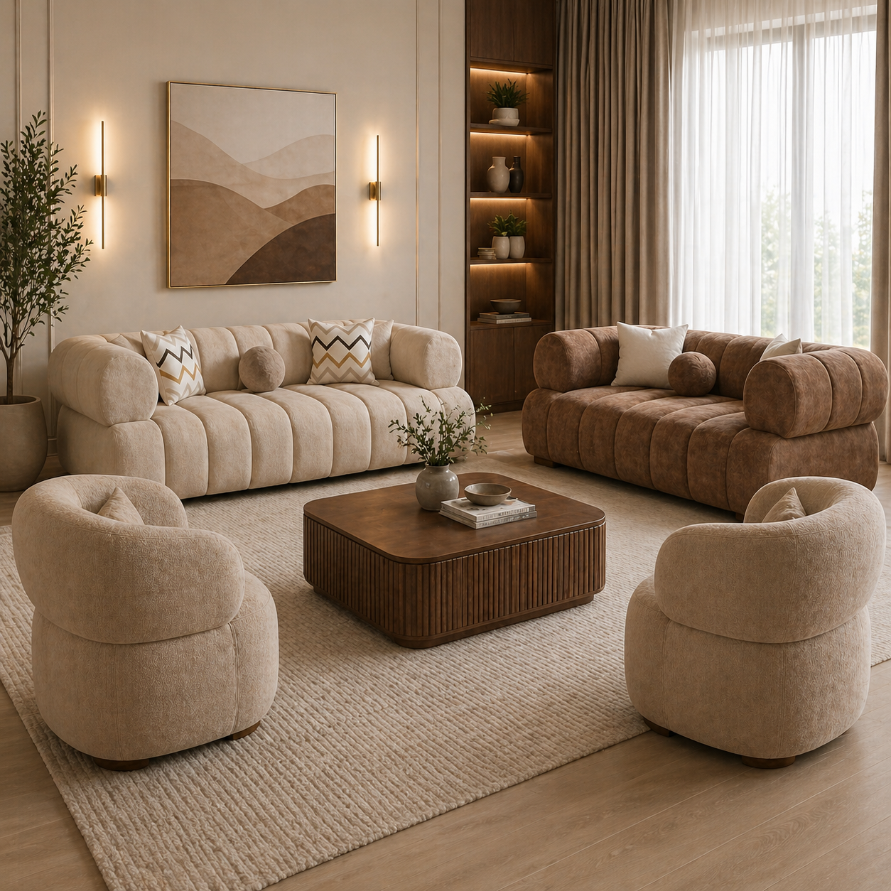 Modern Living Room Set – 3-Seater Sofa, 2-Seater Sofa & 2 Armchair | Natural Beech Wood