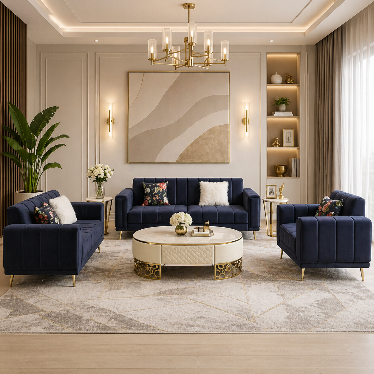 Modern Blue Velvet Living Room Set – 3 Pieces | Red Beech Wood Frame