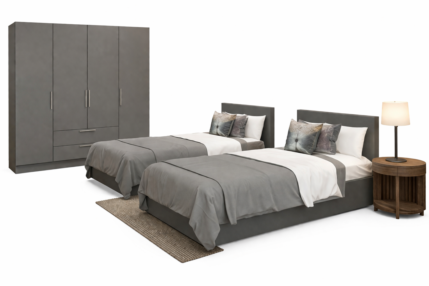 Teen Modern Bedroom Set – 2 Beds & Wardrobe-Grey - 3 Pieces