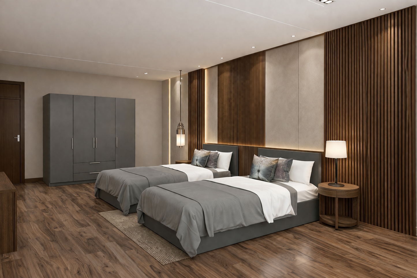 Teen Modern Bedroom Set – 2 Beds & Wardrobe-Grey - 3 Pieces
