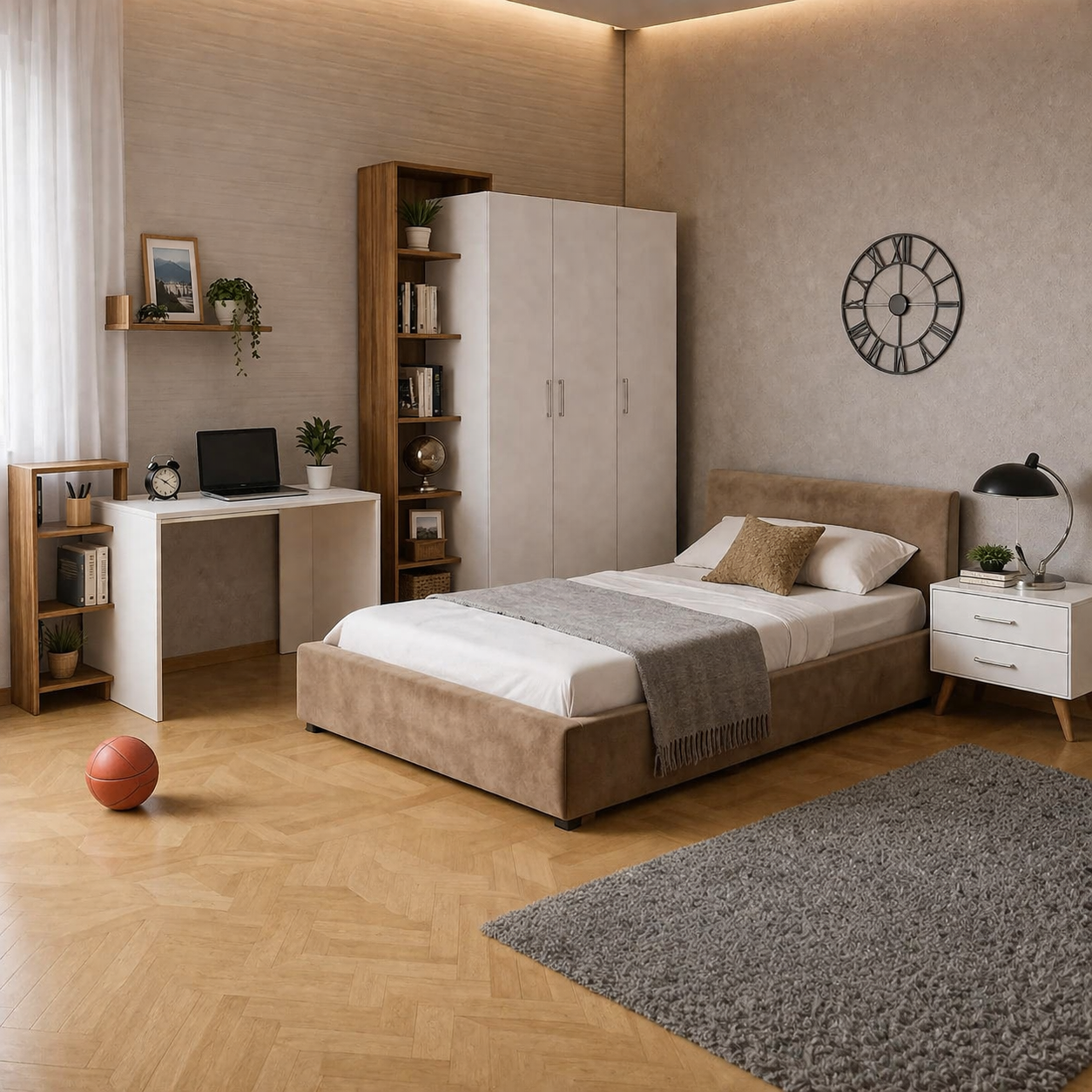 Teen Modern Bedroom Set with Desk & Wardrobe – White & Brown MDF | Velvet Upholstered Bed 4 Pieces