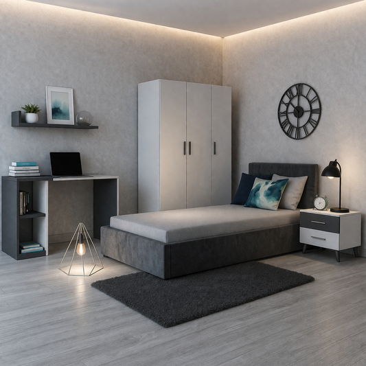 Teen Modern Bedroom Set with Desk & Wardrobe – Velvet Upholstered Bed | MDF Wood | White & Grey
