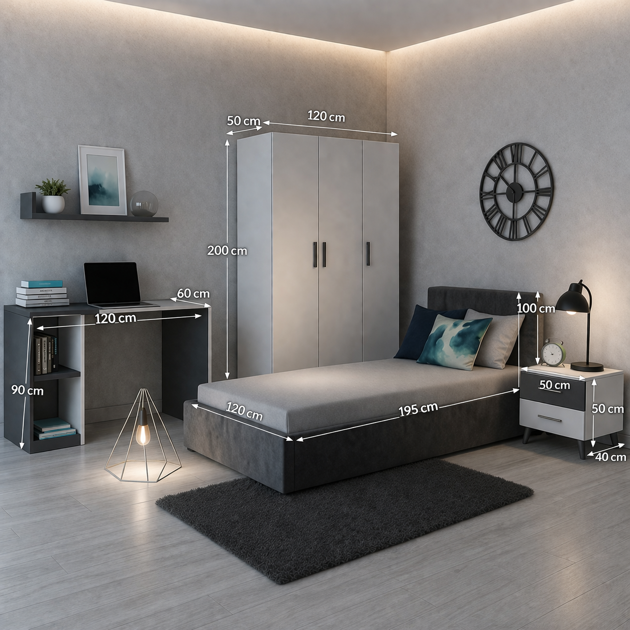 Teen Modern Bedroom Set with Desk & Wardrobe – Velvet Upholstered Bed | MDF Wood | White & Grey