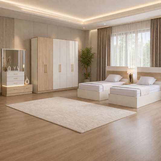 Teen Modern Bedroom Set –  2 Bed & Wardrobe -White & Beige - 4 Pieces