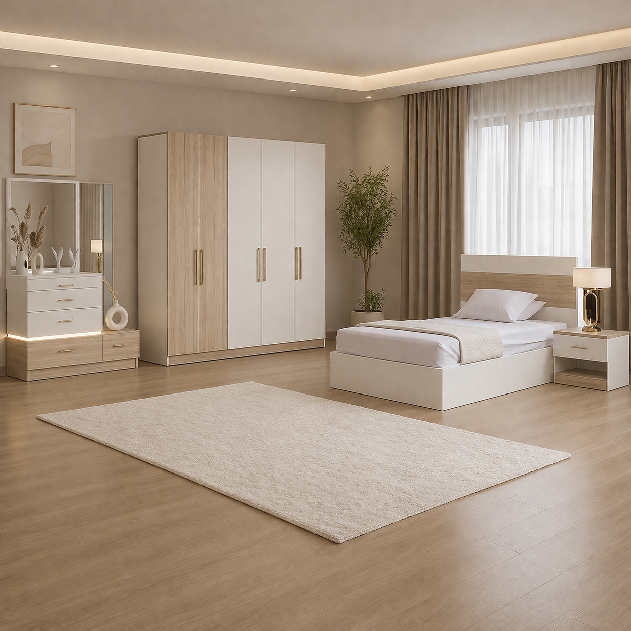 Teen Modern Bedroom Set –  2 Bed & Wardrobe -White & Beige - 4 Pieces